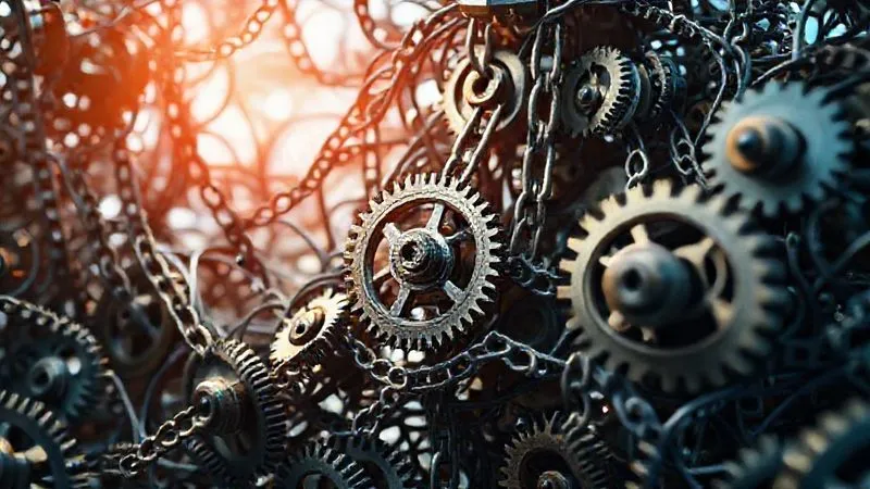 A photorealistic image of a complex, interconnected web of gears and chains, some tangled and others smoothly interlinking, symbolizing a global supply chain. Cinematic lighting, sharp focus on the central complexity, depth of field blurring the background, 8K hyper-detailed.