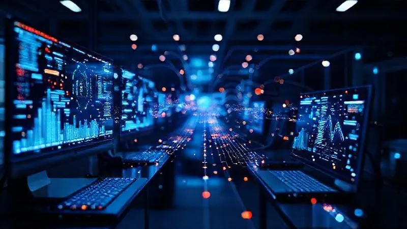 A photorealistic image of glowing data streams flowing seamlessly between various interconnected digital screens and devices, representing interoperability and smooth data exchange in a modern enterprise. Professional photography, 8K, cinematic lighting, sharp focus on the data flow, depth of field.