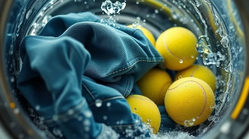 A photorealistic close-up of denim jeans being aggressively tumbled in a washing machine with a few tennis balls, water splashing, cinematic lighting, sharp focus on the denim texture, depth of field, 8K hyper-detailed, professional photography, shot on a high-end DSLR.