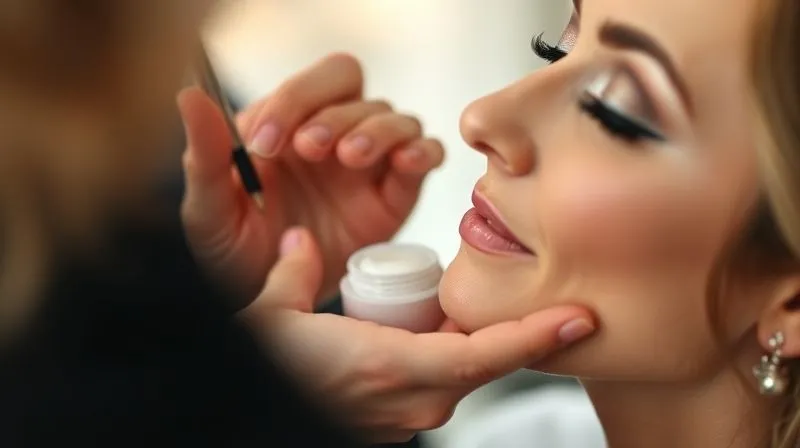 A photorealistic, professional photography shot of a bridal makeup artist meticulously applying a soothing balm to a bride's cheek, with gentle, focused hands, demonstrating care and expertise, cinematic lighting, sharp focus on the hands and face, depth of field blurring the background, 8K hyper-detailed.