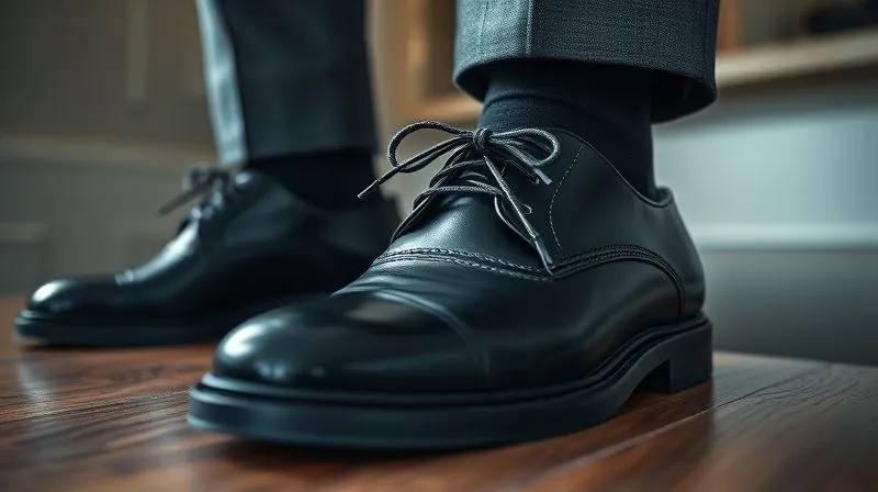 A photorealistic, professional photography, 8K, cinematic lighting, sharp focus, depth of field, shot on a high-end DSLR. A close-up, low-angle shot on a man's impeccably polished black leather oxford shoes, dark grey tailored trousers, and matching dark socks. The focus is sharp on the shoes, with the background subtly blurred, highlighting meticulous attention to detail.