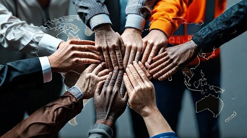 Photorealistic image of a diverse group of hands, some in professional attire, some in factory workwear, joined together in a symbolic gesture of unity and collaboration. Overlayed subtly are abstract representations of global legal documents and international human rights symbols. Cinematic lighting, 8K hyper-detailed, sharp focus on the hands, depth of field blurring the background into a world map outline.