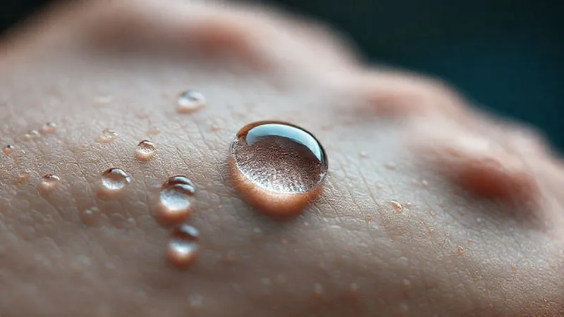 A photorealistic, close-up image of microscopic sweat droplets forming on human skin, highlighting the need for advanced wicking fabrics, shot with a macro lens, cinematic lighting, sharp focus, depth of field.