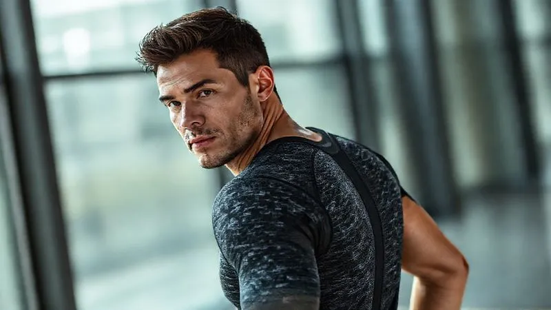 A photorealistic image of a professional-looking individual in a modern, dark heathered activewear top, showing subtle mesh ventilation panels under the arms and along the back, demonstrating discreet sweat management, cinematic lighting, sharp focus, depth of field.