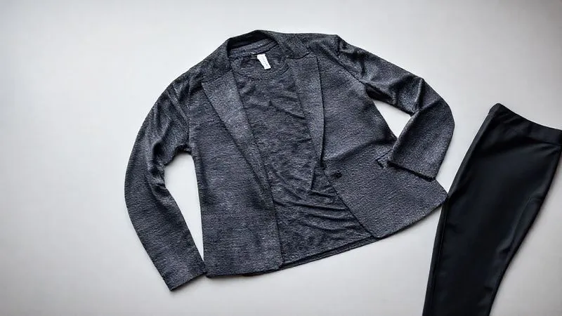 A photorealistic, highly detailed flat lay of a coordinated professional activewear outfit: a dark heathered sweat-wicking t-shirt, a lightweight performance blazer, and sleek black activewear leggings, arranged neatly on a clean, modern surface, with soft, diffused lighting, sharp focus.