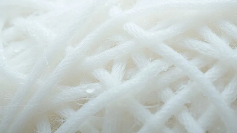 A close-up, macro shot of a synthetic insulation fabric, showing the intricate, fine fibers intertwined to create loft and trap air. The fibers should appear slightly water-resistant or beading tiny water droplets. Photorealistic, professional photography, 8K, cinematic lighting, sharp focus, depth of field, shot on a high-end DSLR, highlighting the material's texture and structure.