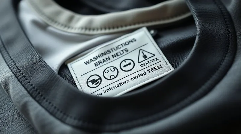 A close-up of a care label inside activewear, clearly showing washing instructions and potentially a certification logo (e.g., OEKO-TEX). The label is crisp and new, against a blurred background of folded fresh activewear. Photorealistic, professional photography, 8K, cinematic lighting, sharp focus, depth of field, shot on a high-end DSLR.