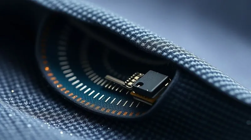 A photorealistic, professional photography, 8K, cinematic lighting, sharp focus, depth of field, shot on a high-end DSLR of a cross-section of a smart fabric, showing micro-encapsulated conductive threads and a small, sealed electronic component embedded within the textile layers. The image highlights the protective polymer coatings with a subtle shimmer, emphasizing resilience against water and stress.