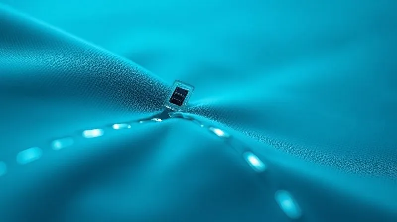 A photorealistic, professional photography, 8K, cinematic lighting, sharp focus, depth of field, shot on a high-end DSLR of a futuristic smart fabric actively repairing itself, with subtle glowing lines mending a tear. Tiny, integrated solar cells are visible, subtly harvesting light, showcasing advanced self-healing and energy harvesting capabilities.