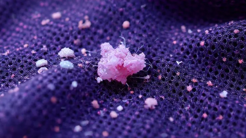 A highly magnified, photorealistic image of synthetic activewear fibers, some visibly coated and clumped together with a waxy residue, while others are clean and distinct, illustrating the effect of fabric softener on wicking efficacy. Cinematic lighting, sharp focus on the fibers, depth of field, 8K hyper-detailed, shot on a high-end DSLR.