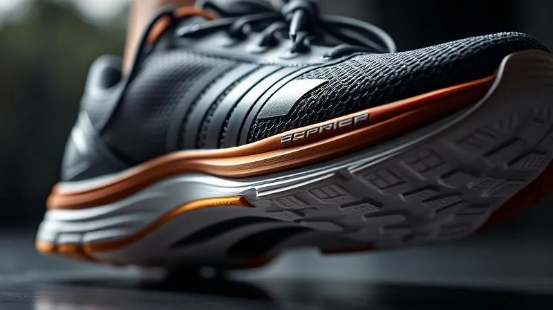 A photorealistic, professional photography, 8K, cinematic lighting, sharp focus on a cross-section of a high-performance, orthotic-friendly running shoe. Layers of breathable mesh, supportive leather overlays, and a multi-density midsole are visible, illustrating premium material choices for comfort and durability. Depth of field emphasizes the material textures.