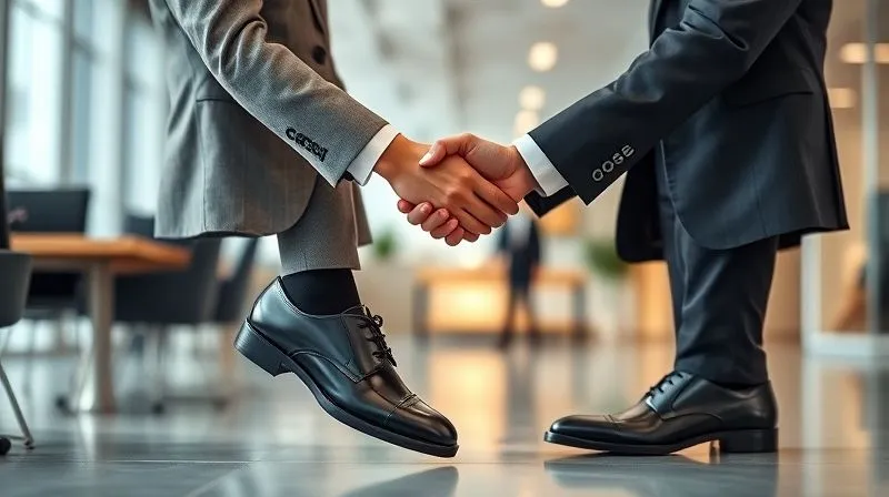 A photorealistic image of a subtle, confident handshake between two professionals in a modern office, with the focus slightly shifted to their impeccably dressed feet, showing perfectly polished black leather formal shoes, cinematic lighting, 8K, sharp focus on the footwear, depth of field blurring the background.