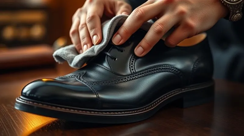 A photorealistic close-up of a pair of hands meticulously polishing a black leather Oxford shoe with a soft cloth, the shoe gleaming under warm, cinematic lighting. The background is a blurred, elegant wooden desk, professional photography, 8K, sharp focus on the polishing action and the shoe's shine, depth of field.