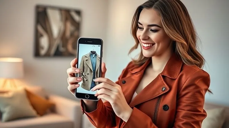 A photorealistic image of a woman smiling as she virtually tries on a stylish jacket using an augmented reality app on her smartphone, the digital garment perfectly overlaid on her body. The background is a modern, minimalist living room. Cinematic lighting, sharp focus on the phone screen and her face, depth of field blurring the background, 8K hyper-detailed, shot on a high-end DSLR.