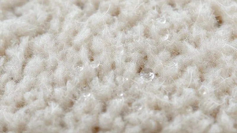 A macro shot of a highly textured, fine-gauge merino wool fabric, showing individual fibers and their natural crimp, with subtle moisture beading on the surface. Photorealistic, professional photography, 8K, cinematic lighting, sharp focus, depth of field, shot on a high-end DSLR.