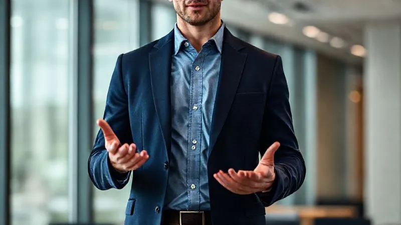 A photorealistic image of a confident male professional in a modern office setting, delivering a presentation. He is wearing a tailored navy performance blazer over a light blue technical button-down shirt, with no visible sweat marks. His posture is authoritative and composed. Cinematic lighting, sharp focus on the man, depth of field blurring the background, 8K hyper-detailed, shot on a high-end DSLR.