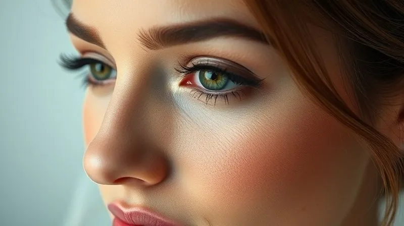 A photorealistic close-up of a client's radiant, long-lasting bridal makeup, showcasing a flawless complexion and intricate eye detail, with a soft, ethereal glow, captured with professional portrait lighting, sharp focus, 8K hyper-detailed.