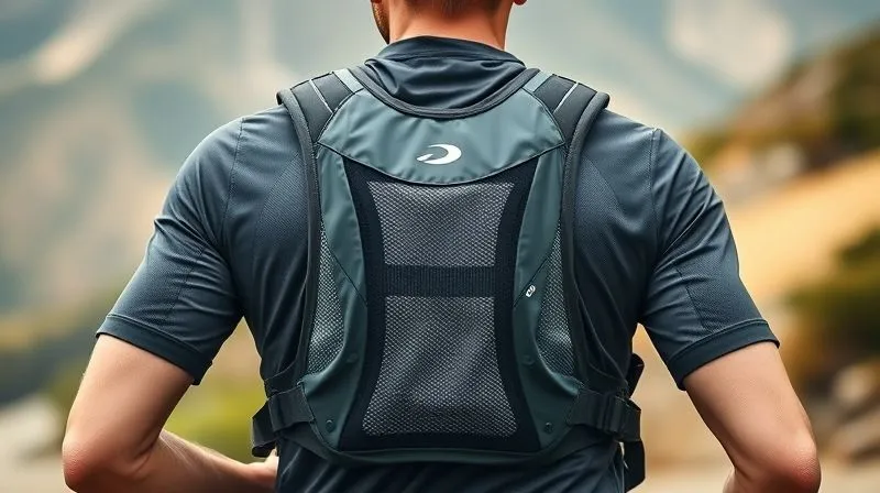 A photorealistic image of a trail runner from behind, showing a well-fitted, lightweight hydration vest with soft, breathable mesh straps, worn over a technical running shirt. The runner is moving smoothly on a mountain trail, conveying comfort and efficiency. Professional photography, 8K, cinematic lighting, sharp focus on the vest and shirt texture, depth of field, shot on a high-end DSLR.