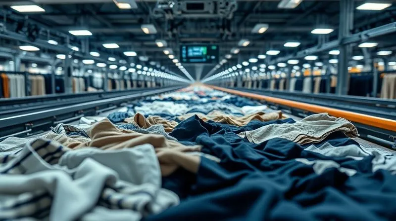A photorealistic, professional photography image of a high-speed textile sorting line. Garments are moving on a conveyor belt, illuminated by specialized lights. Robotic arms or air jets are precisely diverting different textile pieces into separate bins. Focus on the sophisticated sensor equipment above the belt. 8K hyper-detailed, cinematic lighting, sharp focus, depth of field, shot on a high-end DSLR, conveying efficiency and technological advancement.