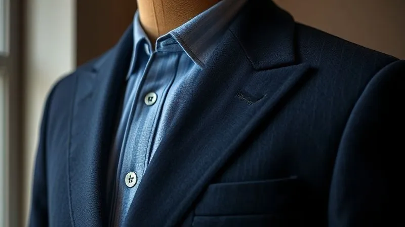 A close-up, photorealistic image of a perfectly tailored navy wool blazer on a male mannequin, showcasing the impeccable fit and luxurious texture of the fabric. The stitching is visible, highlighting craftsmanship. Professional photography, 8K, cinematic lighting, sharp focus, depth of field, shot on a high-end DSLR.