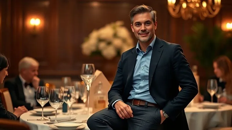 A photorealistic full-body shot of a diverse man in his late 30s, exuding confidence at an elegant professional dinner setting. He is wearing a dark navy unstructured blazer, a light blue fine cotton button-down shirt, charcoal wool trousers, and polished dark brown leather loafers. His posture is relaxed yet authoritative. Professional photography, 8K, cinematic lighting, sharp focus on the man, depth of field blurring the background, shot on a high-end DSLR.