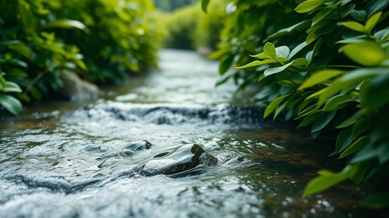 A photorealistic image of a clear stream flowing through lush green foliage, with a subtle, shimmering effect on the water's surface, symbolizing purity and ecological balance, professional photography, 8K, cinematic lighting, sharp focus, depth of field, shot on a high-end DSLR, conveying environmental responsibility in textile production.
