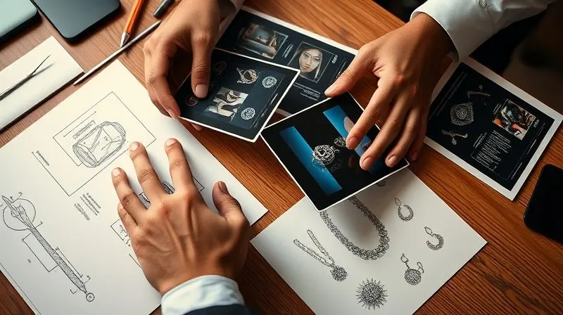 Photorealistic, professional photography, 8K, cinematic lighting, sharp focus, depth of field, shot on a high-end DSLR, a person's hands meticulously arranging screenshots and printouts of infringing jewelry designs next to original design sketches and CAD files on a wooden desk, emphasizing careful documentation and evidence collection. The scene is serious and focused.