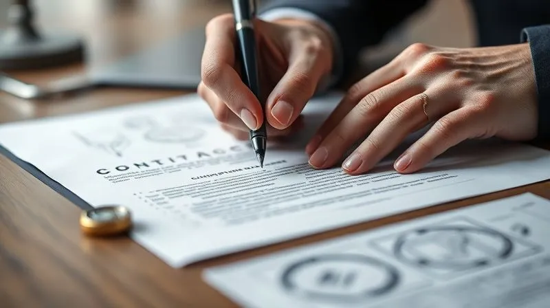 Photorealistic, professional photography, 8K, cinematic lighting, sharp focus, depth of field, shot on a high-end DSLR, a designer's hands signing a legal contract with a pen, with intricate jewelry design sketches and a small, elegant fine jewelry piece visible in the background, symbolizing the protection of creative work through formal agreements.