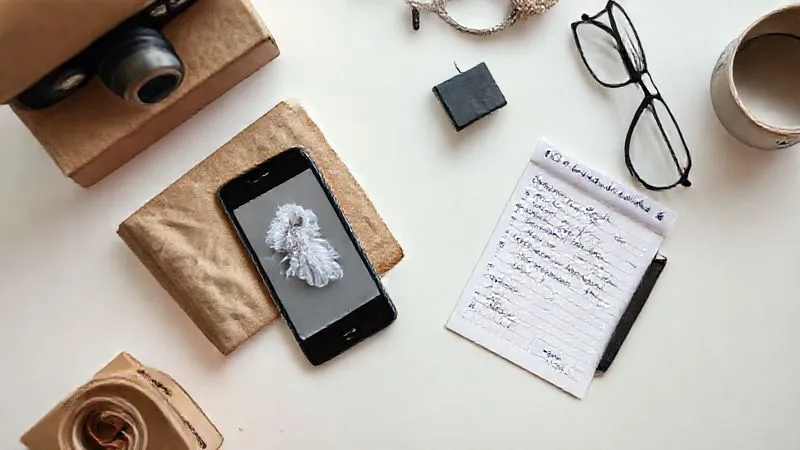 Photorealistic, professional photography, 8K, cinematic lighting, sharp focus on a collection of items neatly laid out on a clean white table: a smartphone displaying a close-up photo of a damaged bridal accessory, an open package with a shipping label clearly visible, a notepad with handwritten notes, and a tracking number slip. Depth of field, shot on a high-end DSLR, overhead shot, bright, organized feel.