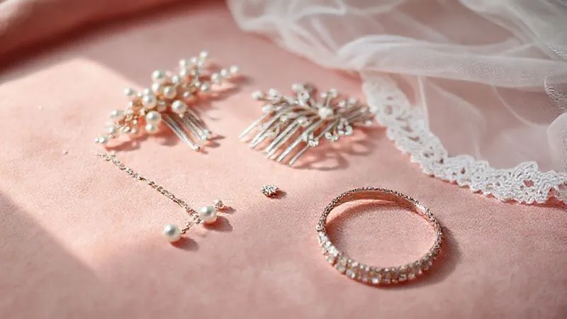 Photorealistic, professional photography, 8K, cinematic lighting, sharp focus on a collection of diverse, elegant bridal accessories laid out on a soft, blush-pink velvet surface. Items include a delicate pearl hair comb, a simple lace-edged veil, and a sparkling crystal bracelet, all suggesting ready-to-wear alternatives. Depth of field, shot on a high-end DSLR, soft, diffused light, elegant styling.