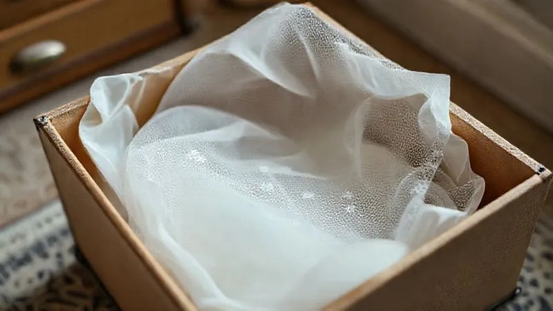 Photorealistic, professional photography, 8K, cinematic lighting, sharp focus on a well-organized storage box for bridal accessories, made of sturdy archival material, with delicate tissue paper protecting a beautiful, undamaged custom veil inside. The box is labeled neatly. Depth of field, shot on a high-end DSLR, soft, warm light, suggesting care and preservation.