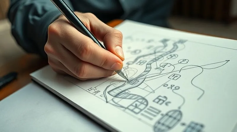 Photorealistic, professional photography, 8K, cinematic lighting, sharp focus, depth of field, shot on a high-end DSLR. A close-up of a weathered, yet elegant, hand drawing a firm line through a chaotic sketch on a notebook, while another hand carefully outlines a new, clearer path beside it. The background is a soft-focused commercial studio, suggesting a pivot or strategic decision.