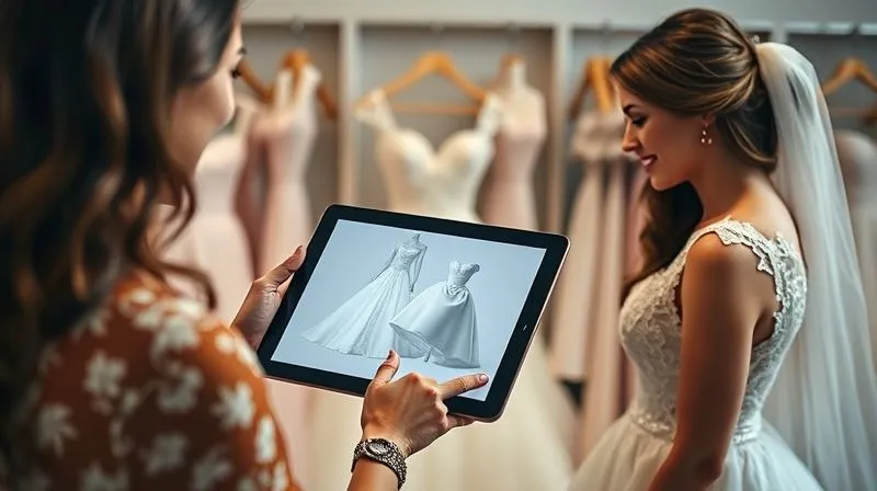 Photorealistic professional photography, 8K, cinematic lighting, sharp focus on a bridal designer using a tablet to show a 3D rendering of a wedding gown design to a smiling bride. In the background, there are fabric swatches and design tools, symbolizing a proactive and modern approach to custom bridal design. Depth of field, shot on a high-end DSLR, positive and collaborative atmosphere.