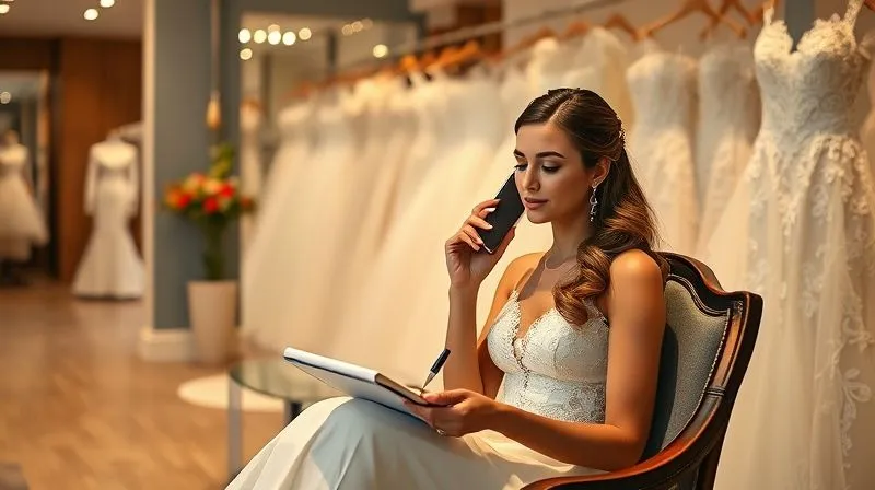 A photorealistic, professional photography shot of a bride calmly on the phone in a chic bridal boutique, notepad and pen in hand, documenting details of her conversation about a delayed wedding dress. The boutique is softly lit, with elegant gowns blurred in the background, conveying a sense of focused problem-solving. 8K hyper-detailed, shot on a high-end DSLR.