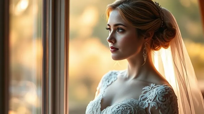 A photorealistic, professional photography shot of a serene bride, dressed in her wedding gown, looking out a window with soft morning light. Her expression is calm and radiant, symbolizing peace and readiness despite earlier challenges. The focus is on her face and the elegant details of the dress, with a gentle depth of field. 8K hyper-detailed, shot on a high-end DSLR.