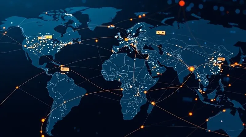 photorealistic, professional photography, 8K, cinematic lighting, sharp focus, depth of field, shot on a high-end DSLR. A complex, interwoven network of global supply chain routes visualized as glowing lines connecting various factory buildings and warehouses on a world map. The lines are diverse and branching, showing redundancy and multiple pathways, symbolizing a diversified and resilient supply chain. Focus on the intricate connections.