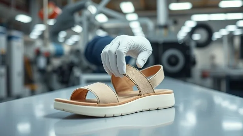 photorealistic, professional photography, 8K, cinematic lighting, sharp focus, depth of field, shot on a high-end DSLR. A hand in a white glove meticulously inspecting the stitching and material quality of a sandal on a clean workbench in a well-lit quality control lab. The background shows blurred industrial equipment, suggesting a focus on precision amidst production. The scene evokes trust and attention to detail.