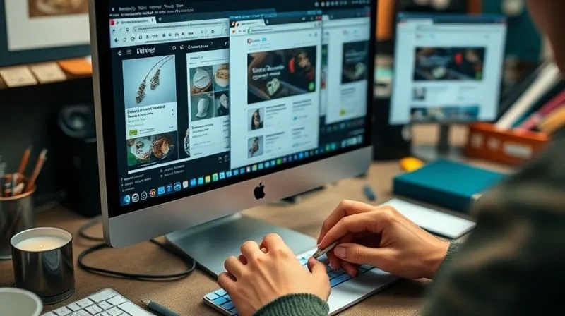 A close-up, photorealistic image of a computer screen displaying multiple open browser tabs, each showing a different online marketplace listing of a piece of jewelry. Hands are visible, meticulously taking screenshots and typing notes into a digital document. The screen is sharply focused, with a subtle depth of field blurring the background of a cluttered, creative workbench. Professional photography, 8K, cinematic lighting.
