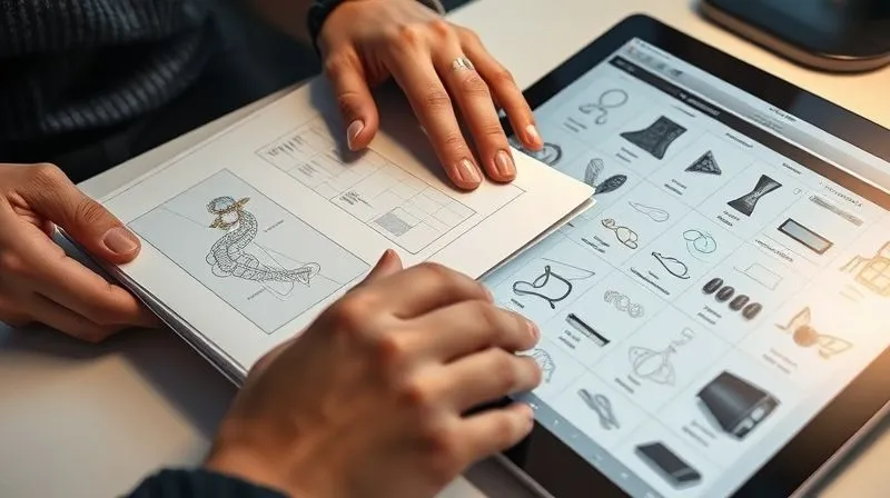 A close-up, photorealistic image of a designer's hand meticulously organizing a physical portfolio of jewelry sketches, alongside a digital tablet displaying neatly organized folders of CAD files and high-resolution photographs. The workspace is clean and professional, with soft, directional lighting highlighting the textures of paper and screen. Professional photography, 8K, cinematic lighting, depth of field.