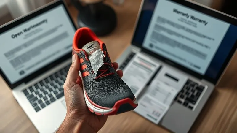 A photorealistic professional photography shot of a person's hands holding an athletic shoe with a visible tear, alongside a laptop displaying an open warranty claim form and a physical purchase receipt. The scene is well-lit, suggesting a methodical process. Sharp focus on the documents and the damaged shoe, with a slight depth of field blurring the background. 8K hyper-detailed, shot on a high-end DSLR.