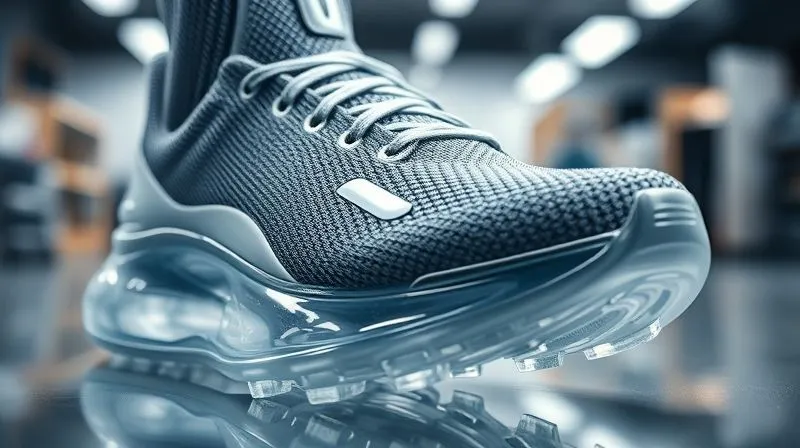 A photorealistic professional photography image showcasing futuristic athletic shoe materials and manufacturing. The image features a close-up of a shoe upper made from an intricately woven, high-tech fabric with subtle iridescent threads, alongside a transparent midsole component revealing an advanced lattice structure, possibly 3D-printed. Cinematic lighting emphasizes the texture and innovation, with a blurred background of a modern design lab. 8K hyper-detailed, shot on a high-end DSLR.