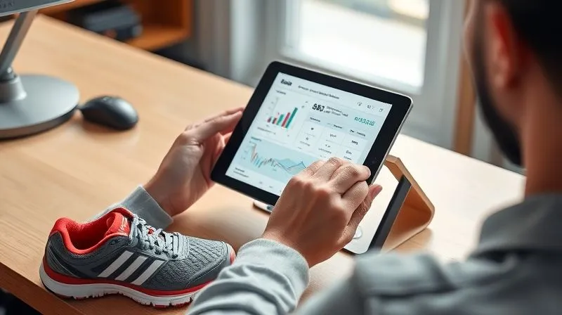 A photorealistic professional photography image of a person sitting at a desk, intently researching athletic shoes on a tablet. The tablet screen displays comparison charts and customer reviews. On the desk, a few different athletic shoes are laid out, suggesting careful consideration. The lighting is bright and focused, highlighting the act of informed decision-making. 8K hyper-detailed, shot on a high-end DSLR.