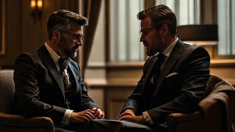 A photorealistic close-up of a bespoke tailor intently listening to a client, both seated in a luxurious, dimly lit private consultation room, with a partially finished garment draped over a chair. Cinematic lighting, sharp focus on their expressions. 8K, professional photography, depth of field, shot on a high-end DSLR.