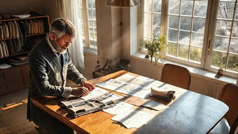 A photorealistic image of a bespoke tailor and client during a design consultation, looking at fabric swatches and sketches spread on a polished wooden table. Sunlight streams through a large window, creating a warm, inviting atmosphere. Professional photography, 8K, cinematic lighting, sharp focus, depth of field, shot on a high-end DSLR.