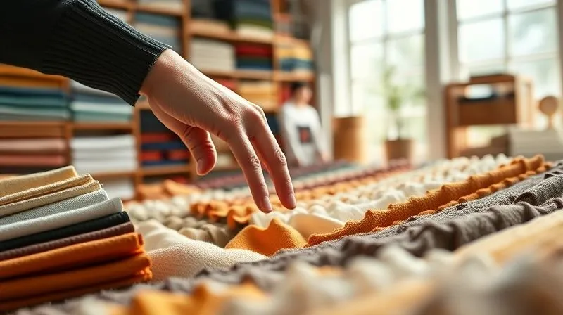 photorealistic, professional photography, 8K, cinematic lighting, sharp focus, depth of field, shot on a high-end DSLR, a designer's hand delicately sifting through an array of exquisite fabric swatches in a beautifully organized, sunlit atelier, showcasing diverse textures and colors, symbolizing the search for alternative materials.