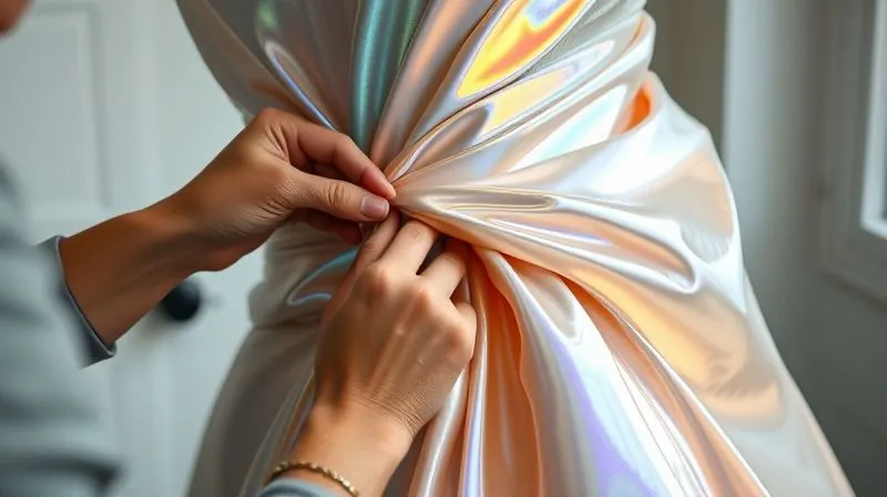 photorealistic, professional photography, 8K, cinematic lighting, sharp focus, depth of field, shot on a high-end DSLR, a close-up of a designer's hands meticulously pinning a swatch of an innovative, iridescent fabric onto a mannequin draped in a partially finished haute couture gown, symbolizing creative adaptation and the integration of new materials.
