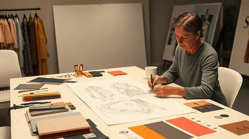 A photorealistic image of a haute couture designer and client reviewing a detailed design sketch on a large table, surrounded by fabric swatches and mood boards. Both are engaged, with a sense of mutual understanding. Professional photography, 8K, cinematic lighting, sharp focus, depth of field, shot on a high-end DSLR.