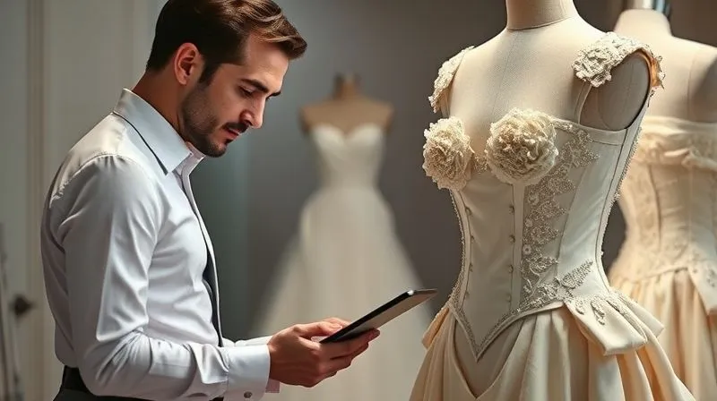 A photorealistic image of a haute couture designer intently examining a partially finished gown on a mannequin, with detailed construction visible. The designer is holding a tablet, perhaps reviewing design notes, contemplating a complex change request. Professional photography, 8K, cinematic lighting, sharp focus, depth of field, shot on a high-end DSLR, conveying deep thought and problem-solving.