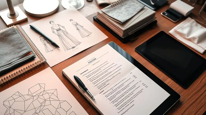 A photorealistic image of a haute couture designer's desk, with a meticulously organized workspace. There are sketches, fabric swatches, and an open notebook with handwritten notes and a pen. A tablet displays a digital document or contract. Professional photography, 8K, cinematic lighting, sharp focus on the desk items, depth of field, shot on a high-end DSLR, conveying order and attention to detail.