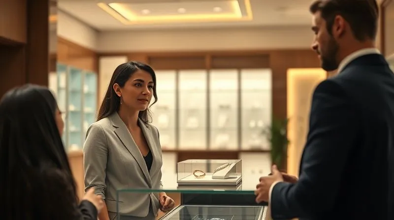 A photorealistic shot inside a minimalist, high-end luxury boutique, with warm, inviting cinematic lighting. A perfectly dressed sales associate is attentively speaking with a discerning customer, showcasing an exquisite piece of jewelry in a glass display case. The background is softly blurred, emphasizing the personal interaction. 8K, professional photography, sharp focus, depth of field.